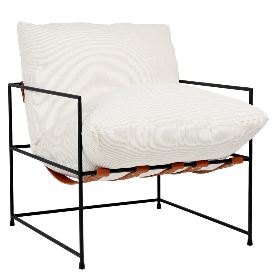 MIKEY LEATHER STRAPPED ARM CHAIR: OFF - WHITE CORD VELVET