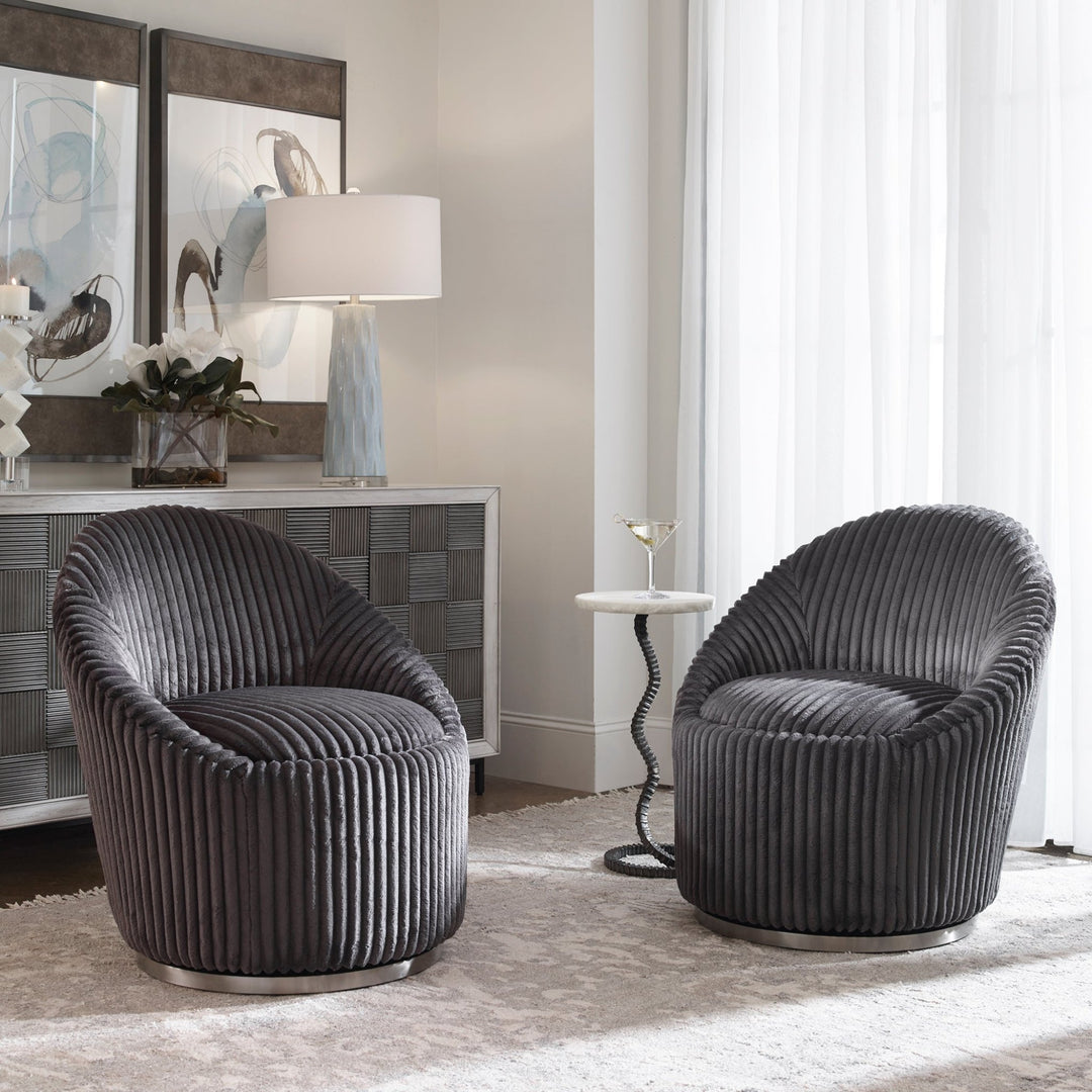 MINKA FLUTED GUNMETAL SHERPA CHENILLE SWIVEL CHAIR