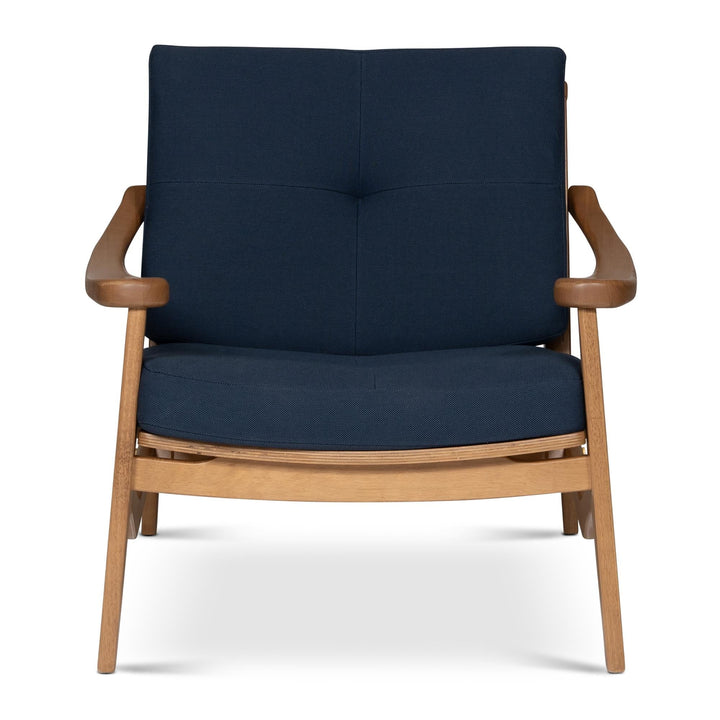 MODERN BRAZILIAN ROMEO NAVY BLUE UPHOLSTERY PECAN FRAME ACCENT CHAIR