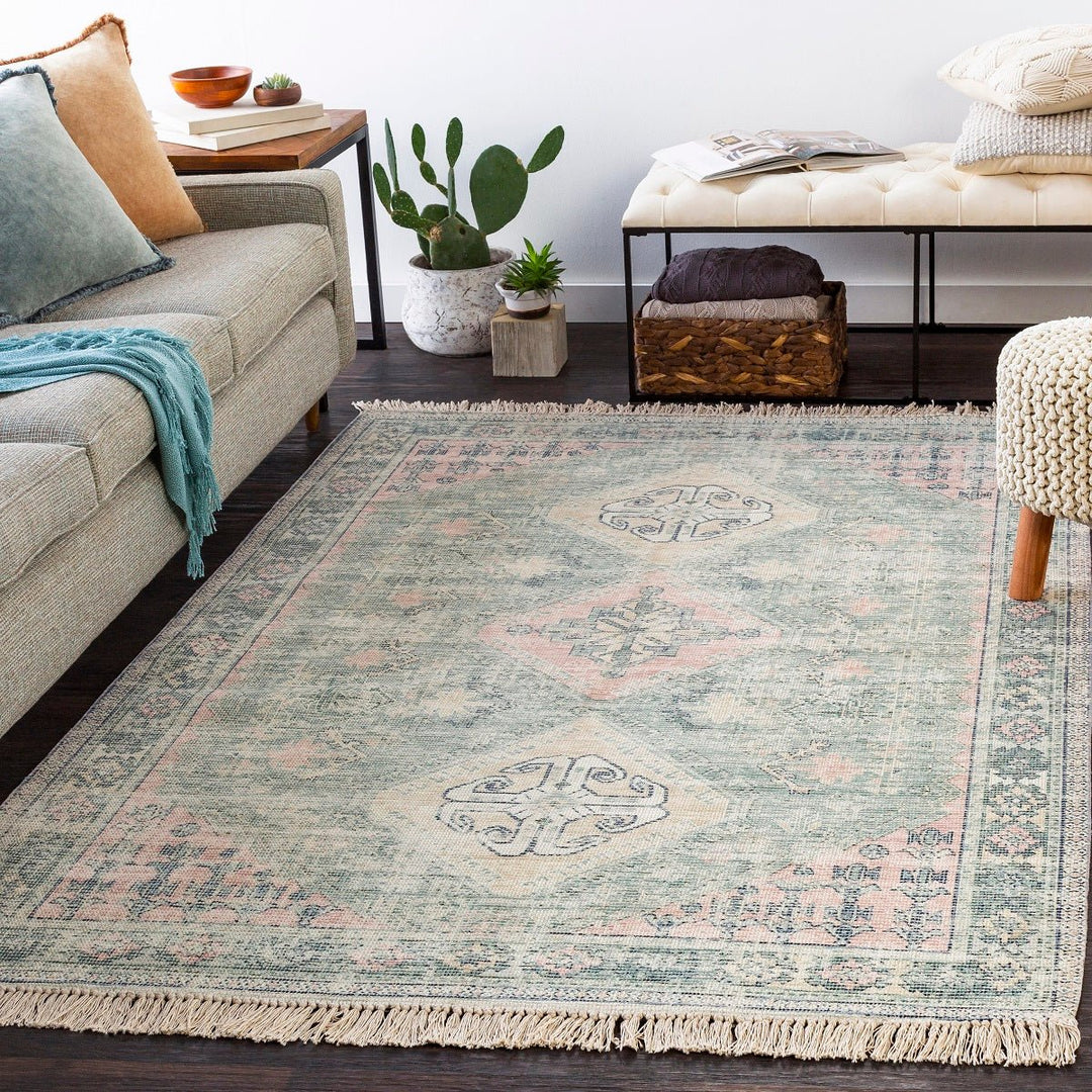 NEVAEH DISTRESSED VINTAGE PRINT RUG: SAGE, PINK