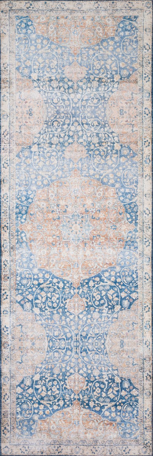 NIKHIL VINTAGE PRINT FLAT RUG: BLUE, PEACH