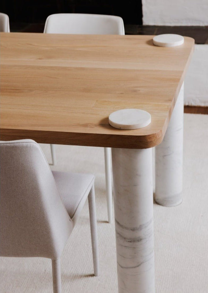 NORDIC NATURAL OAK + MARBLE POST DINING TABLE