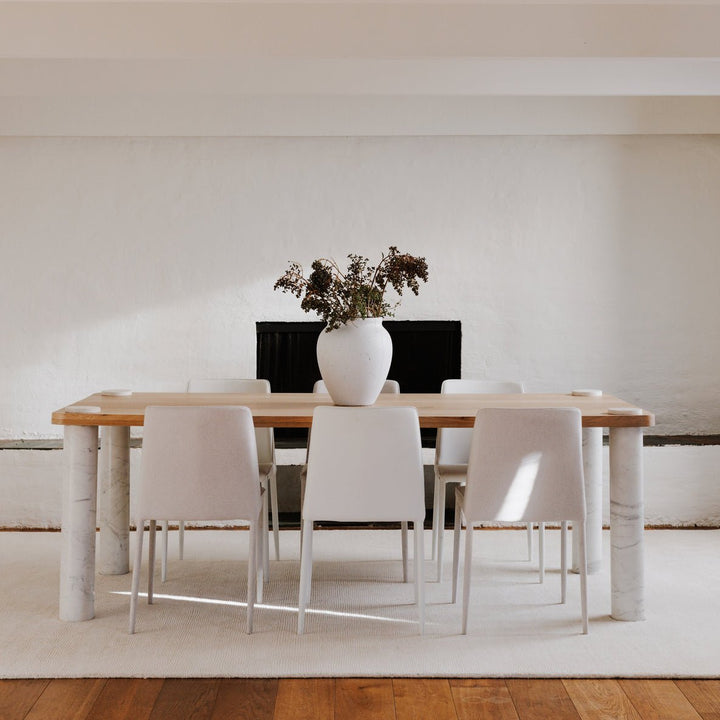 NORDIC NATURAL OAK + MARBLE POST DINING TABLE