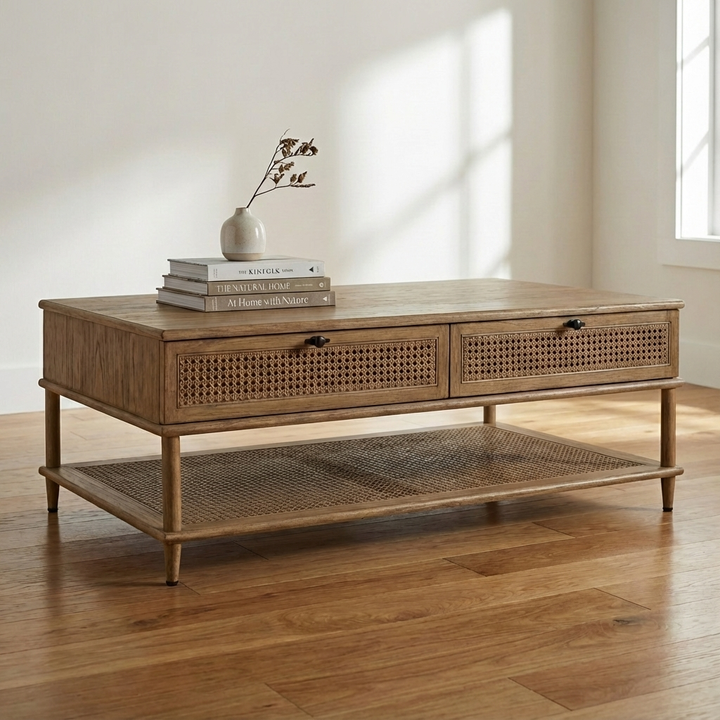 Wooden coffee table with wicker drawers and a shelf in a room with wooden flooring.