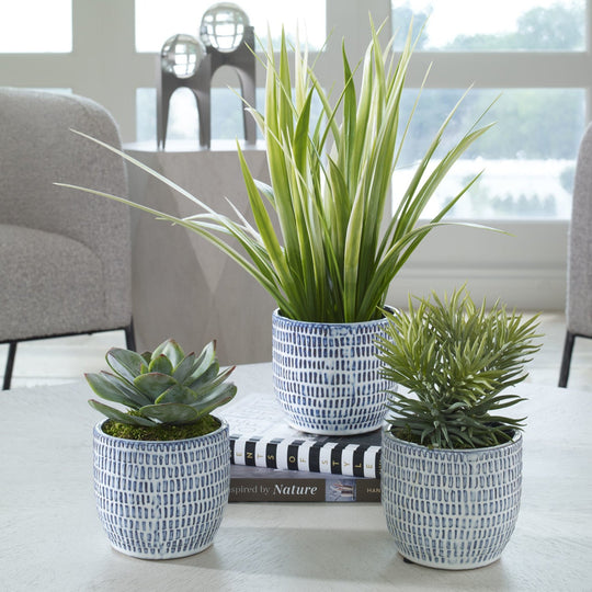 PUEBLA GREENERY IN BLUE & WHITE CERAMIC PLANTERS