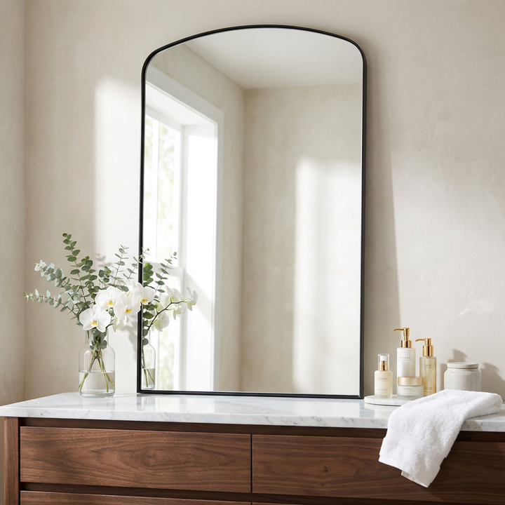 A tall arched wall mirror with a thin black frame