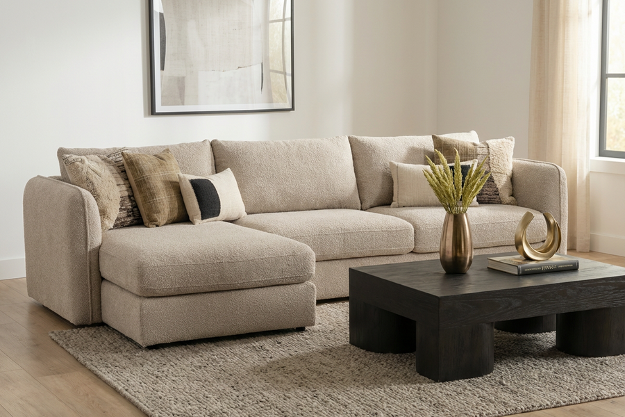 beige bouclé fabric sectional sofa in a living room with a coffee table and decorative items.