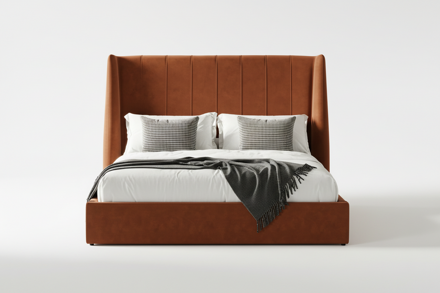 Brown upholstered bed with white bedding on a white background