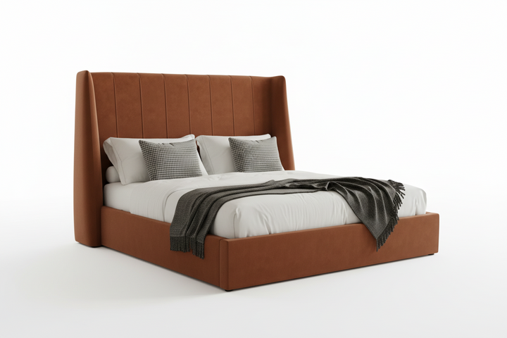 Bed with brown upholstered headboard and white bedding on a white background