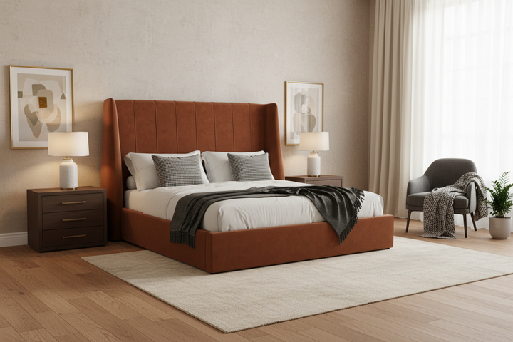 Modern bedroom with a velvet upholstered bed, nightstands, and decor.