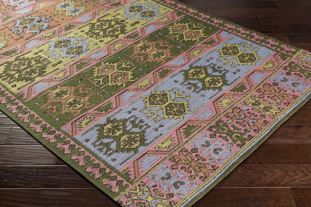 RAJANI OUTDOOR KILIM: ROSE, GREEN