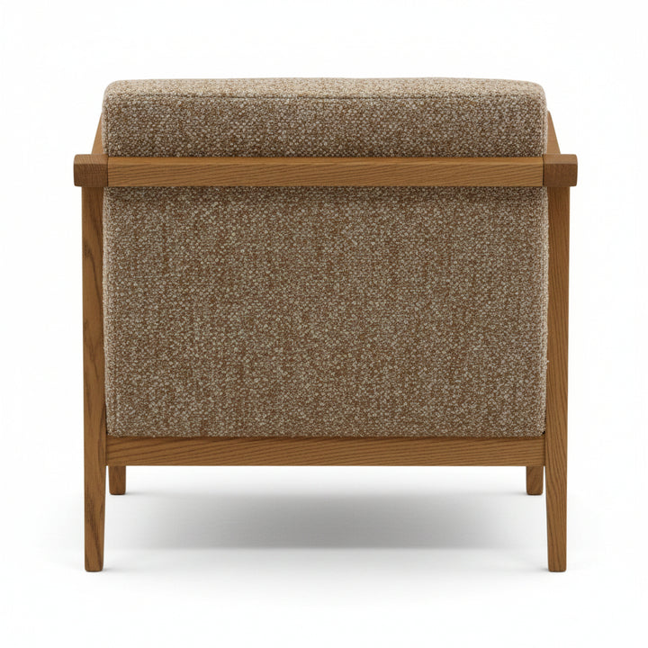 Mid-century modern armchair, light oak wooden frame with clean lines, textured beige-brown bouclé upholstery, two matching cushions, angled legs, minimalist design, studio white background, back view, warm neutral tones, Scandinavian-inspired aesthetic.