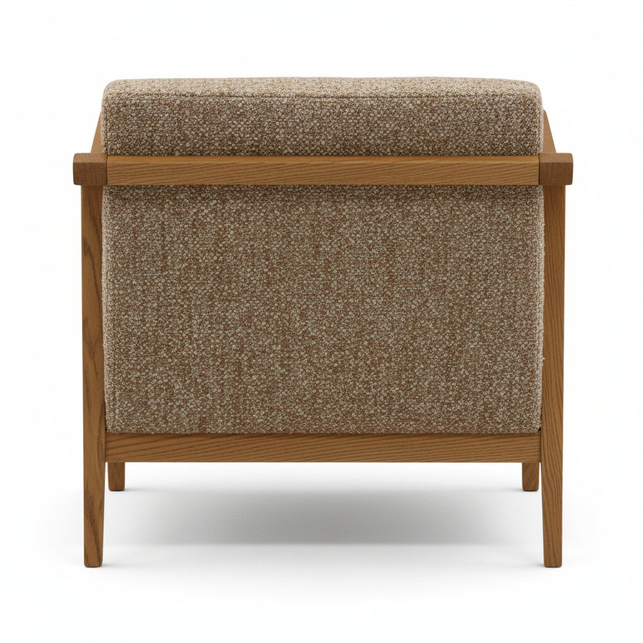 Mid-century modern armchair, light oak wooden frame with clean lines, textured beige-brown bouclé upholstery, two matching cushions, angled legs, minimalist design, studio white background, back view, warm neutral tones, Scandinavian-inspired aesthetic.