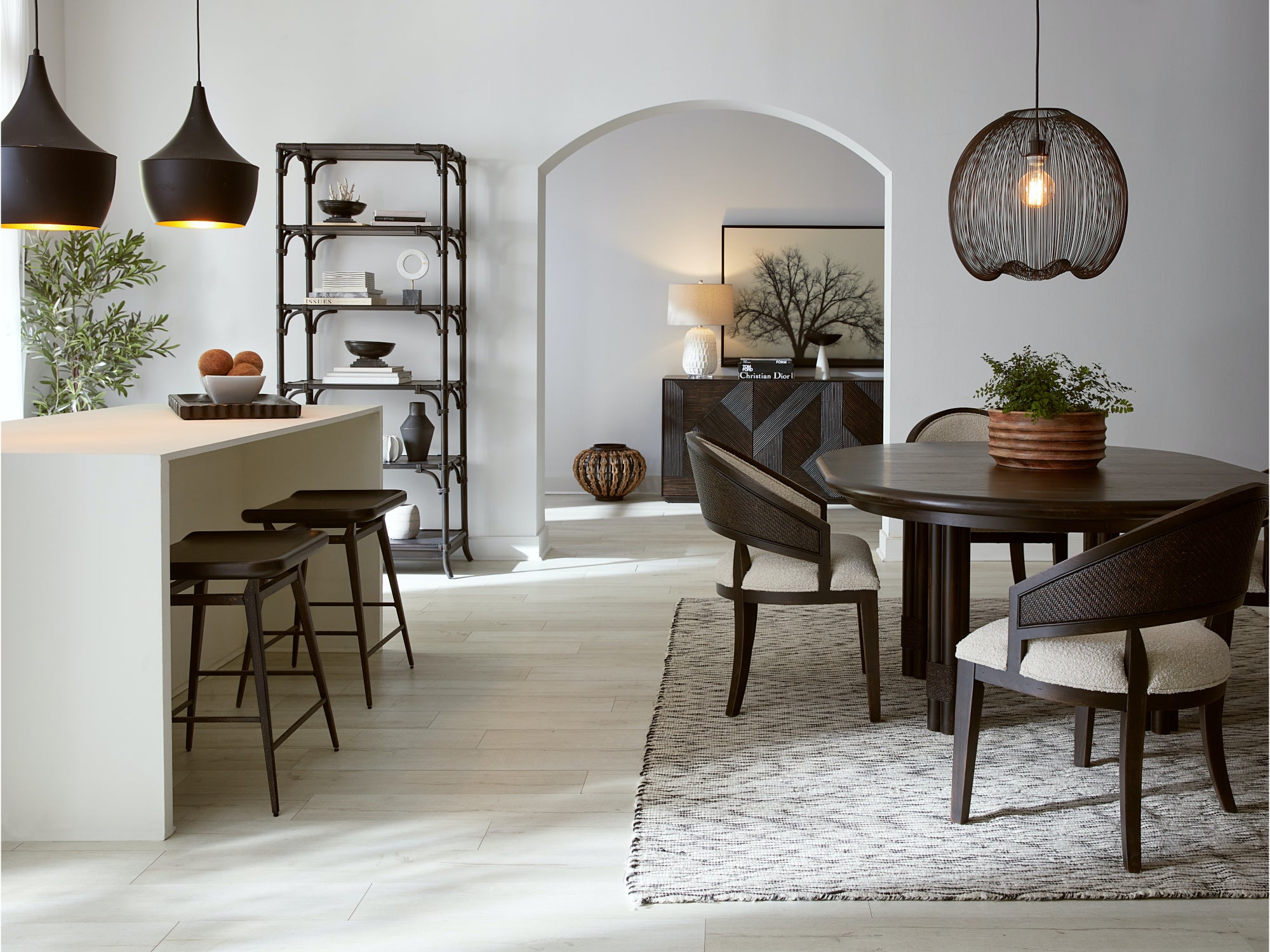 Rattan dining table, dark wood elegance