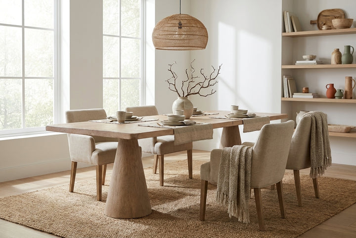light wooden table with a rectangular top and two tapered conical legs isolated