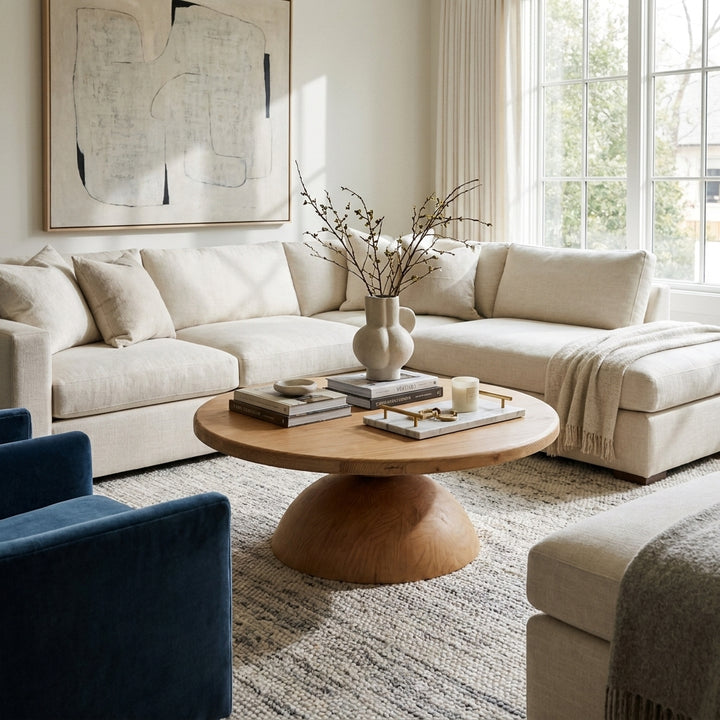 Modern living room featuring a cream sectional sofa, round wooden coffee table, and blue accent chair on a textured rug.