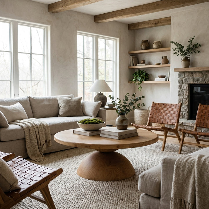 Cozy, modern organic living room with a round wood coffee table, neutral linen sofa, leather chairs, and a stone fireplace.