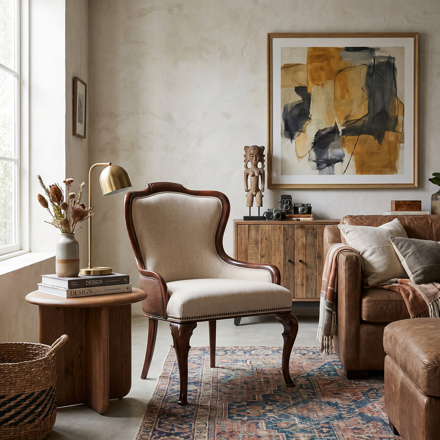 The Marcel Armchair features a classic wood frame and cream upholstery, displayed in a cozy, modern living room setting.