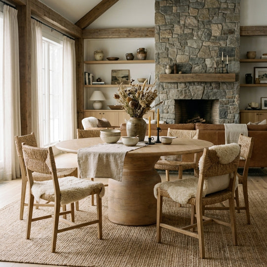 Rustic dining room with a round wooden table, woven chairs with sheepskin cushions, and a stone fireplace in a cozy home.