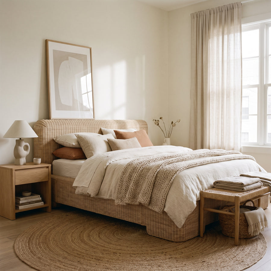 A serene, minimalist bedroom featuring a woven rattan bed, neutral bedding, a round jute rug, and warm, earthy decor.