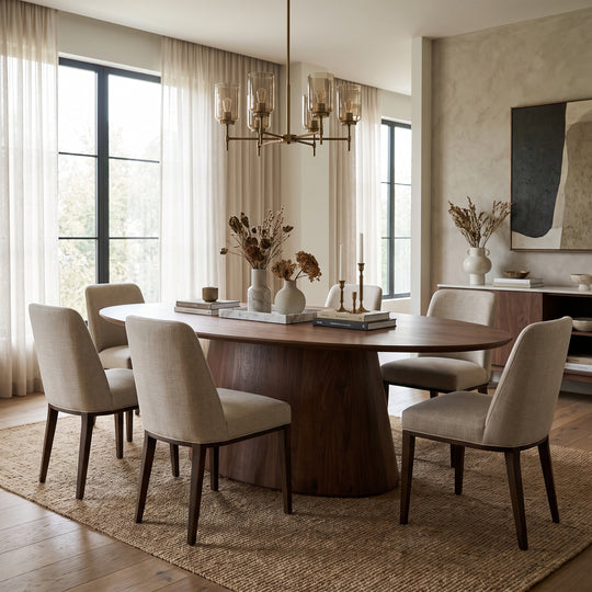 Modern dining room with a walnut oval table, beige upholstered chairs, and a brass chandelier in a minimalist, neutral space.
