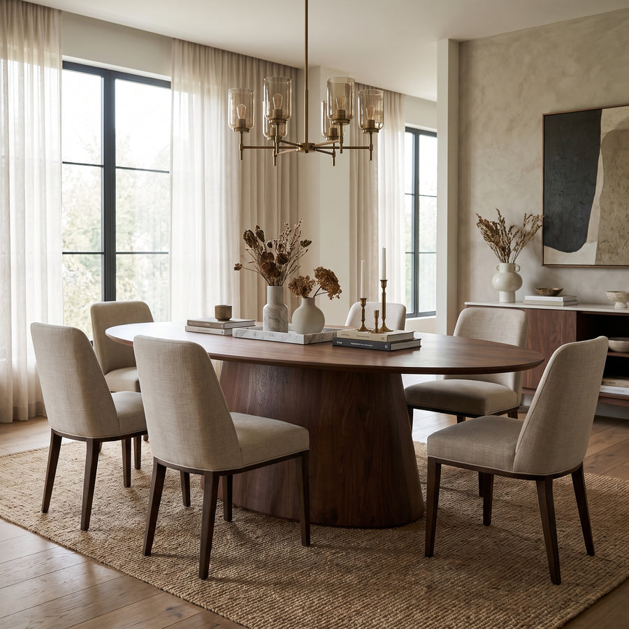 Modern dining room with a walnut oval table, beige upholstered chairs, and a brass chandelier in a minimalist, neutral space.
