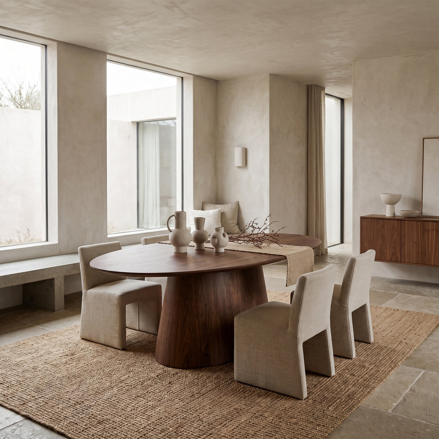 walnut oval dining table and beige upholstered chairs