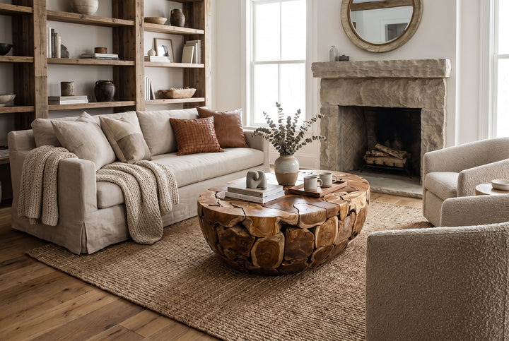 Cozy modern rustic living room with a stone fireplace, organic wood coffee table, neutral sofa, and warm earth tones.