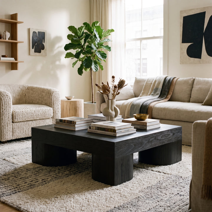 The Jonah Dark Wood Coffee Table features a bold, sculptural design in a cozy, modern living room with neutral decor.
