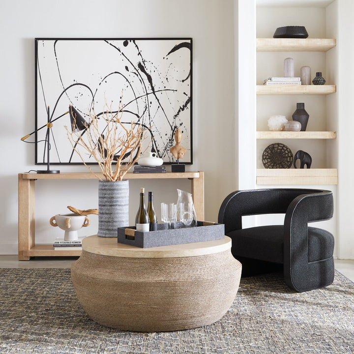 ROPED ROUND TRAVERTINE TOP COCKTAIL TABLE