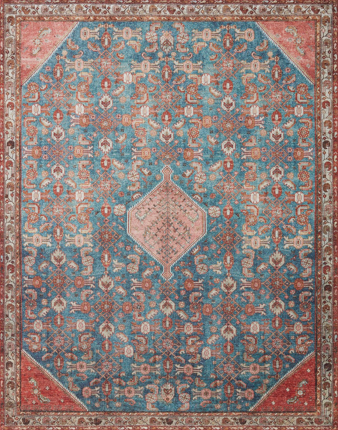 ROSHAN VINTAGE PRINT FLAT RUG: MARINE BLUE, CLAY