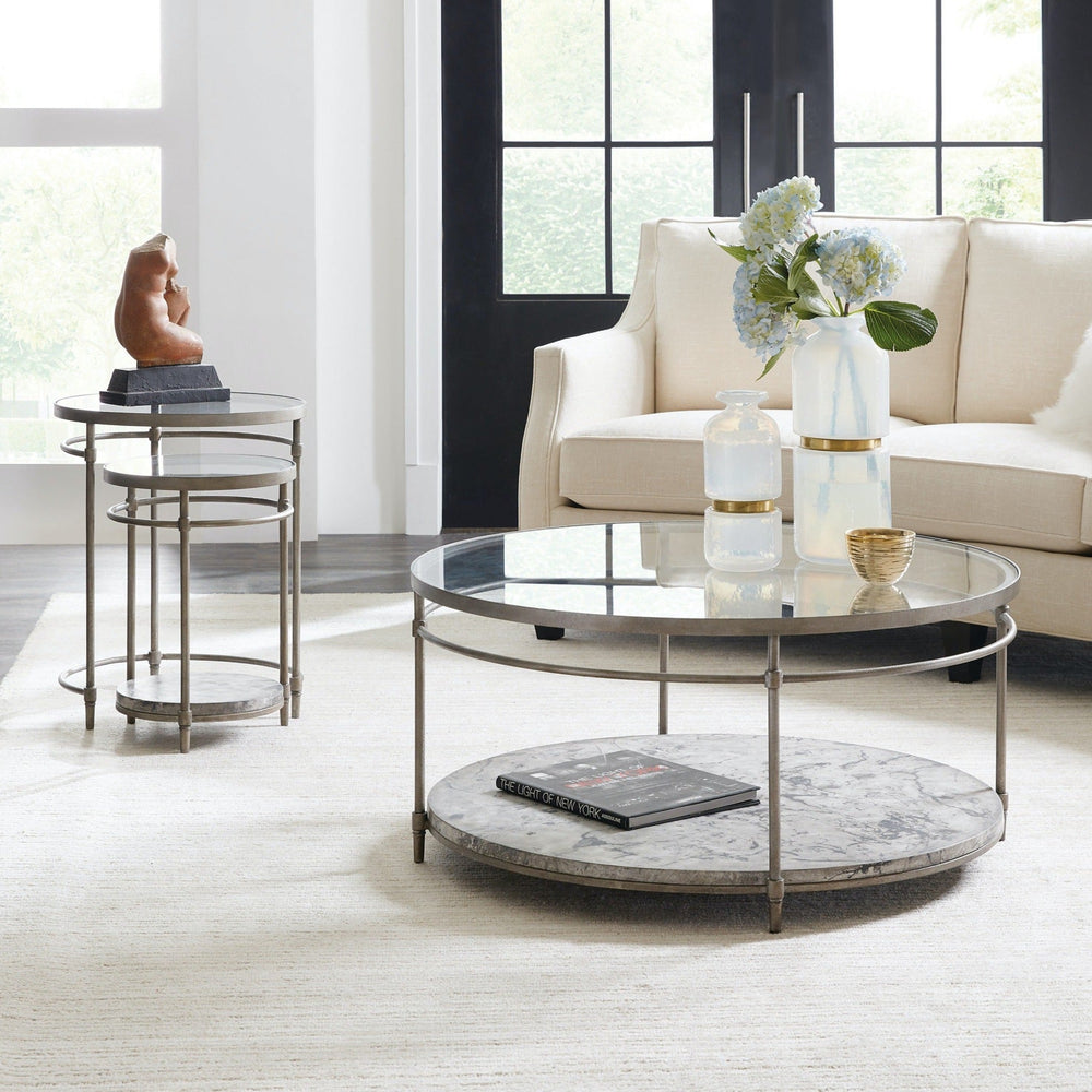 ROUND MOTTLED CONCRETE + GLASS TOP COFFEE TABLE