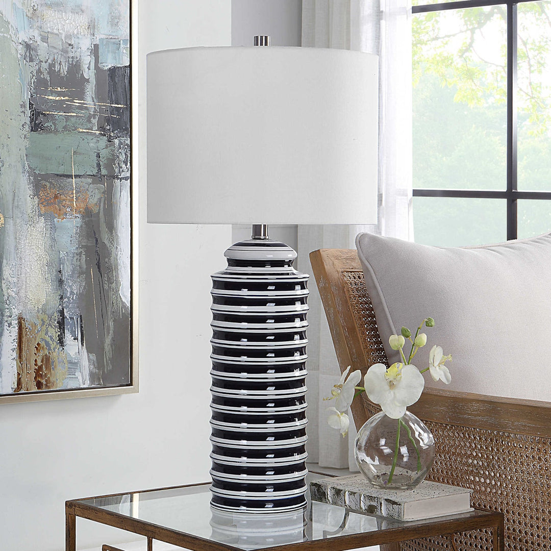 SAYLOR WHITE & NAVY STRIPED CERAMIC TABLE LAMP