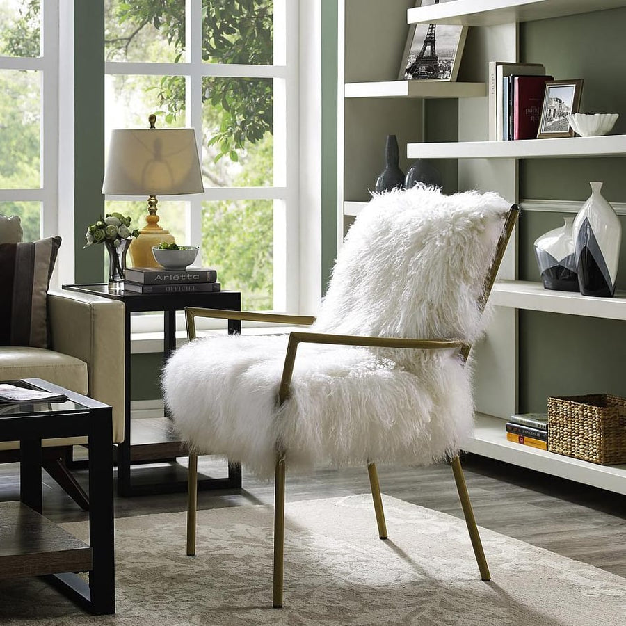 SHERPA SHAG CHAIR: WHITE ON BRASS BASE