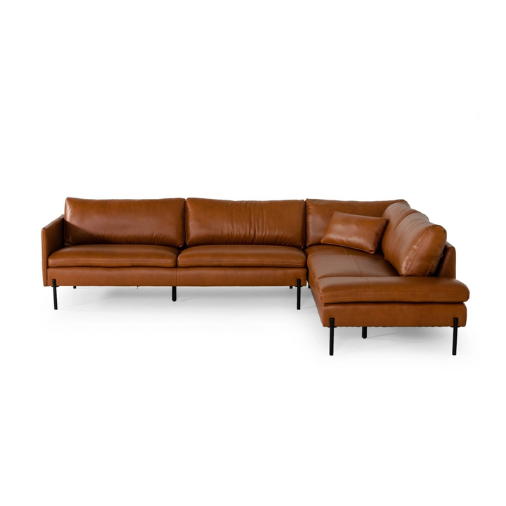 A stylish brown leather sectional sofa with plush cushions and black metal legs, featuring an attached chaise for added comfort.