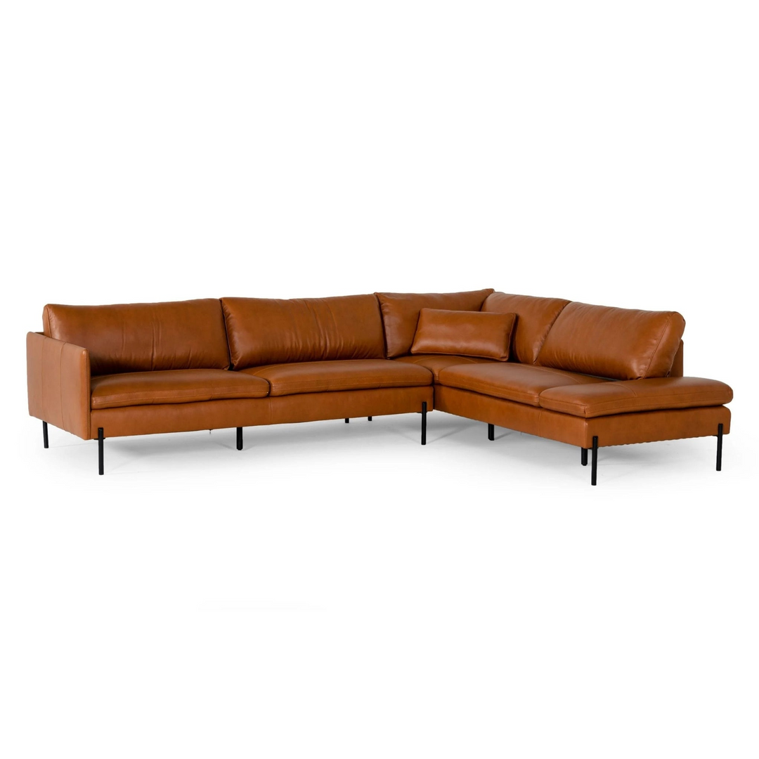 Brown leather L-shaped sectional sofa with black metal legs and plush cushions. Includes a smaller rectangular pillow.