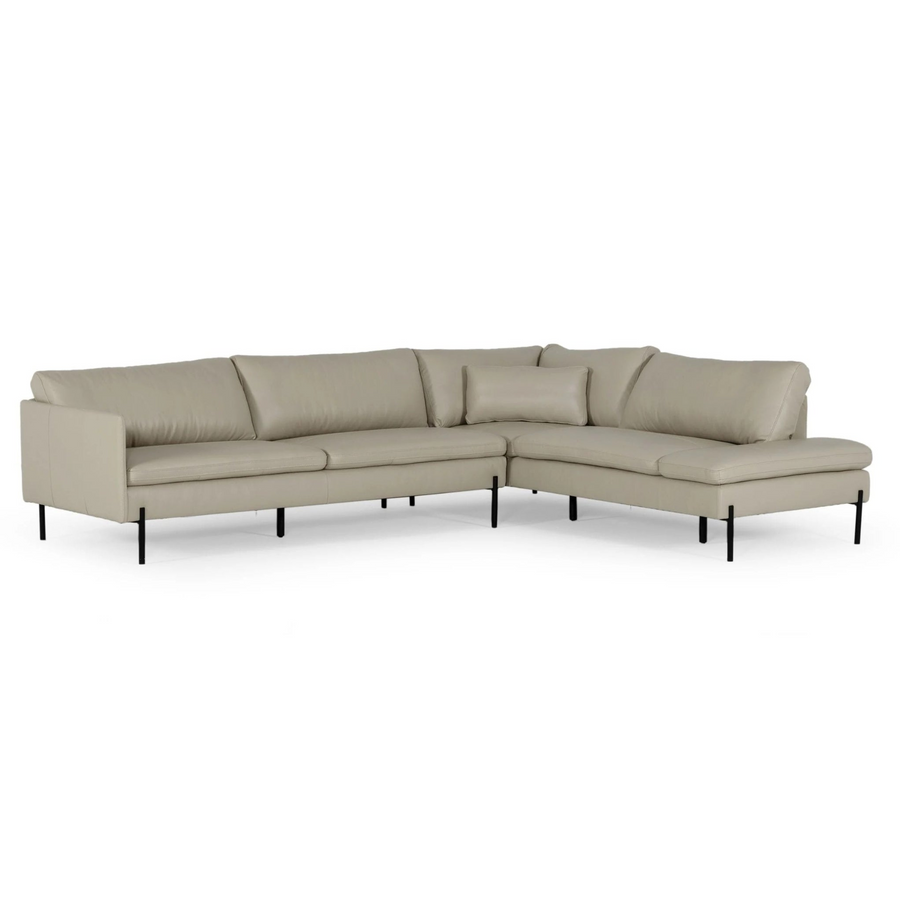 Light beige leather sectional sofa with plush cushions and black metal legs, offering modern and stylish comfort.