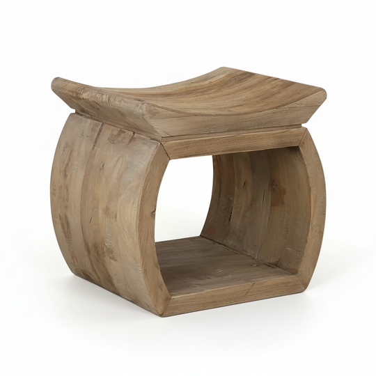 Wooden stool with curved design on a white background