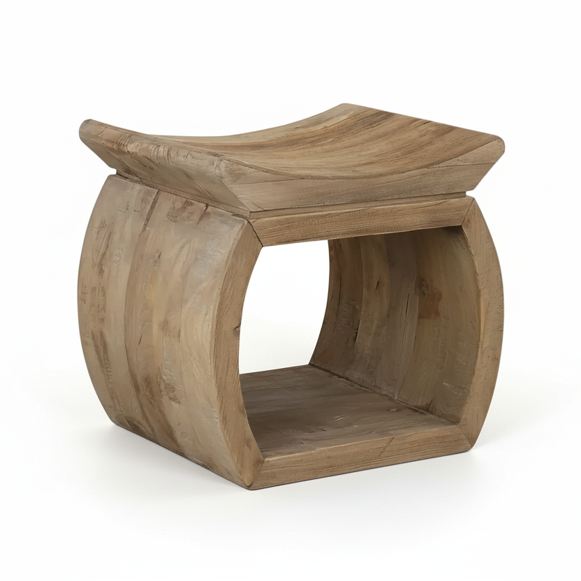 Wooden stool with curved design on a white background
