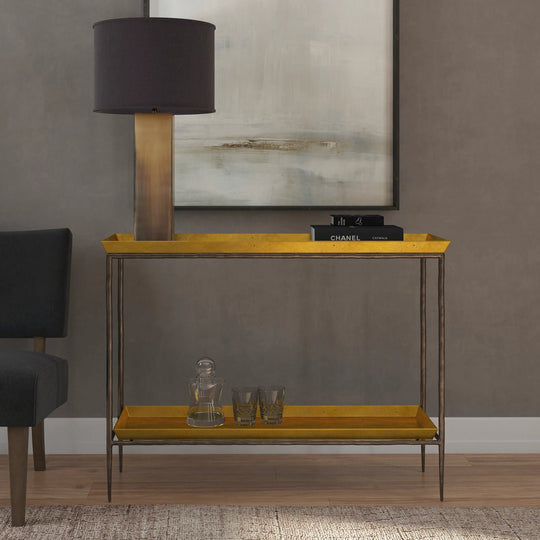 TIBI GOLD TRAY TOP CONSOLE TABLE