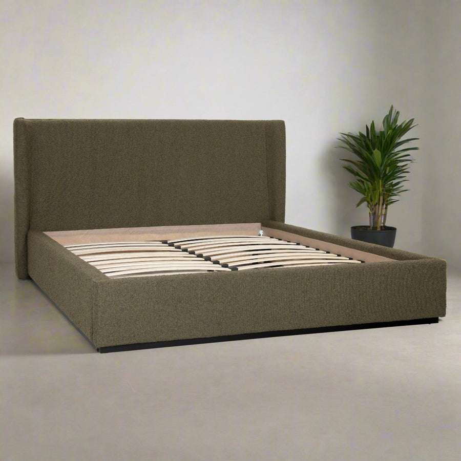 TOBIAS OLIVE BOUCLÉ UPHOLSTERED PANEL BED