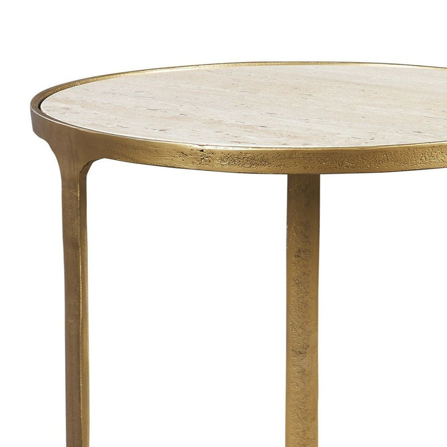 TRAVERTINE + BRASS CAST ALUMINUM SIDE TABLE