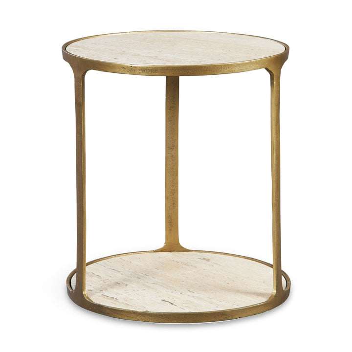 TRAVERTINE + BRASS CAST ALUMINUM SIDE TABLE