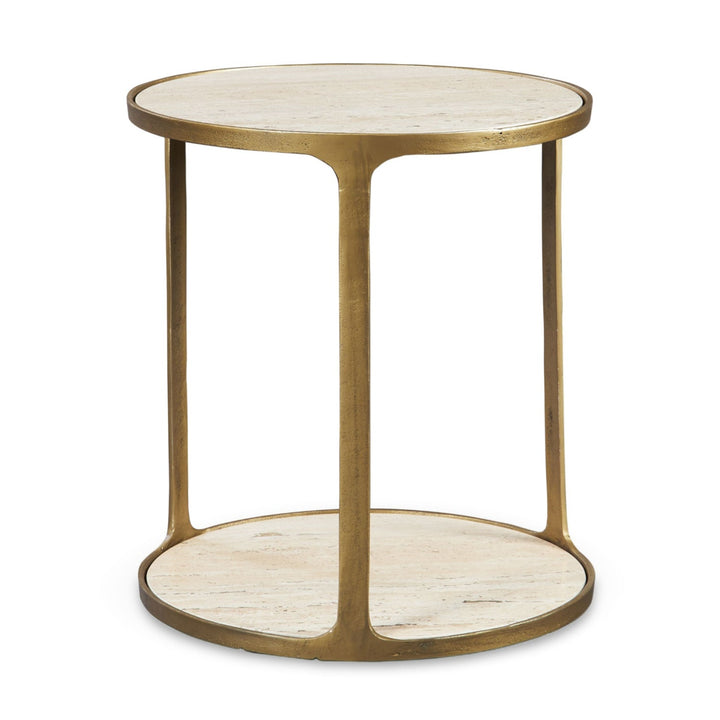 TRAVERTINE + BRASS CAST ALUMINUM SIDE TABLE