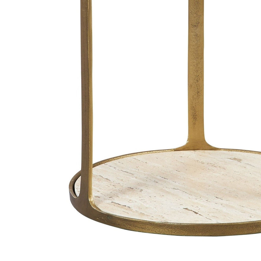 TRAVERTINE + BRASS CAST ALUMINUM SIDE TABLE