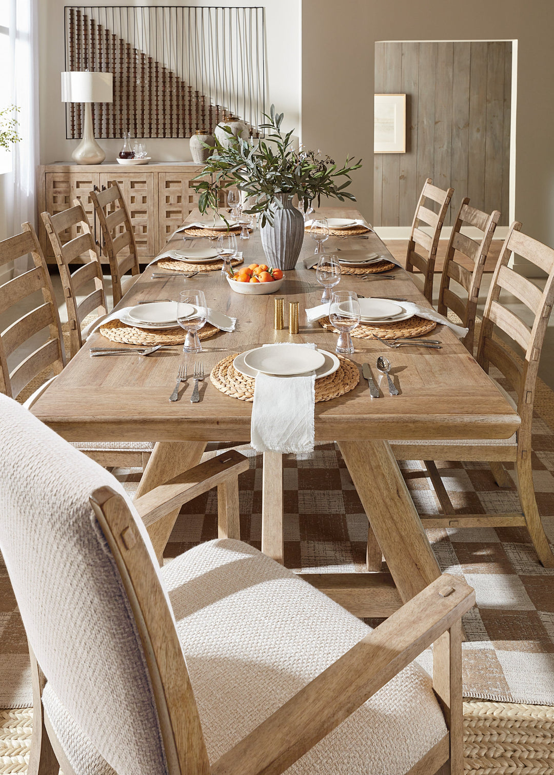 Vineyard Farmhouse Extension Dining Table with a rustic wooden finish and extendable design.