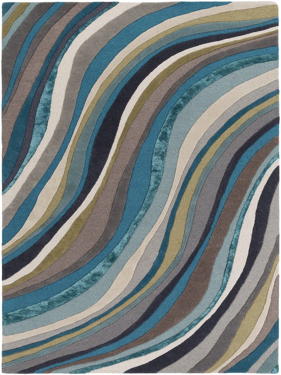 WAVES WOOL + VISCOSE RUG: TEAL, TAUPE