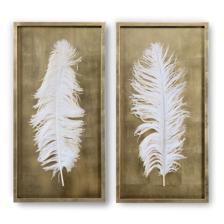 WHITE FEATHERS IN GOLD SHADOW BOXES