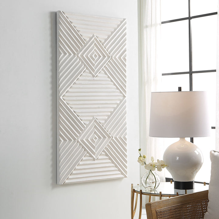 WHITE GEOMETRIC CARVED WOOD WALL PANEL