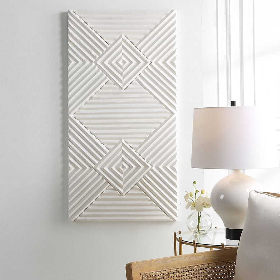 WHITE GEOMETRIC CARVED WOOD WALL PANEL